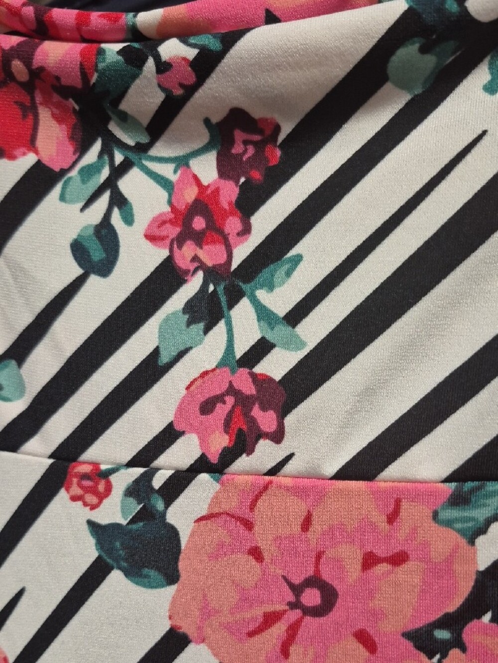 LuLaRoe Pink Floral on Black & White Striped Maxi Skirt - Picture 3 of 6